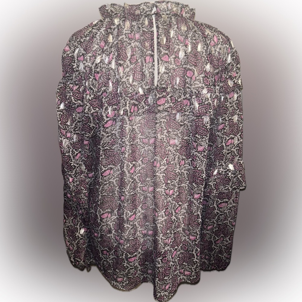 EUC INC SZ M black/pink/gray/silver metallic sheer top w/ruffles/bust 24” - Picture 6 of 8